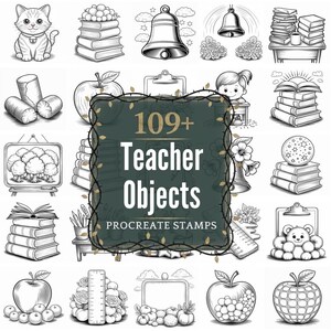 Può includere: Illustrazione in bianco e nero di vari oggetti a tema insegnante. L'immagine include un gatto, libri, una campana, una ragazza a una scrivania, mele e un cartello con la scritta "109+ Teacher Objects Procreate Stamps."