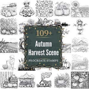 Op de afbeelding: Een verzameling zwart-wit illustraties met herfst oogsttaferelen. De afbeeldingen bevatten pompoenen, zonnebloemen, vogelverschrikkers en boerderijomgevingen. De tekst luidt "109+ Autumn Harvest Scene Procreate Stamps."