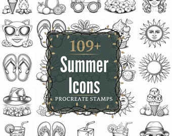 Summer Icons Procreate Stamps | 109+ Illustration Brushes & PNGs | Digital Download