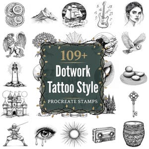 May include: A collection of black and white dotwork tattoo style Procreate stamps. The image features various illustrations, including a ship at sea, a lighthouse, a castle, a samurai, and a cassette tape. The central graphic reads "109+ Dotwork Tattoo Style Procreate Stamps."