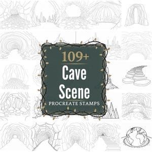 May include: A collection of black and white cave scene illustrations. The central image features a dark green square with the text "109+ Cave Scene Procreate Stamps" in white and gold. The surrounding images depict various cave entrances and interiors.