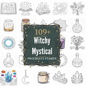 May include: A selection of line art illustrations with a witchy and mystical theme. The images include open books, candles, potion bottles, crystals, flowers, and a crescent moon. The central image has the text "109+ Witchy Mystical Procreate Stamps."