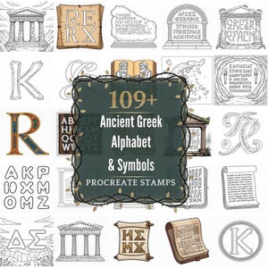 May include: A collection of Ancient Greek alphabet and symbol Procreate stamps. The image features various illustrations of Greek letters, architectural elements, and scrolls, with the text "109+ Ancient Greek Alphabet & Symbols PROCREATE STAMPS".