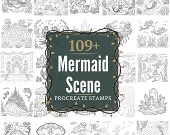 Mermaid Scene Procreate Stamps | 109+ Illustration Brushes & PNGs | Digital Download