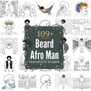 ひげを生やしたアフロヘアの男性のProcreateスタンプ｜109種類以上のイラストブラシとPNG｜デジタルダウンロード