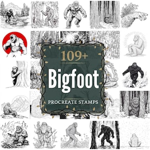 Puede incluir: Una colección de sellos Procreate con temática de Bigfoot. La imagen presenta varias ilustraciones en blanco y negro de Bigfoot en diferentes poses y entornos, incluyendo bosques y montañas. El elemento central del diseño incluye el texto "109+ Bigfoot Procreate Stamps."