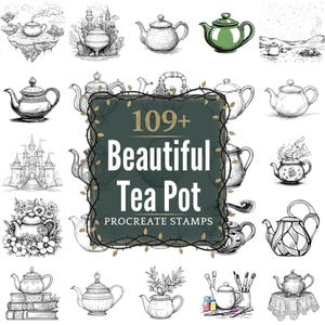 May include: An assortment of illustrated teapots in different styles, including line drawings and a green teapot. The image features a central graphic that reads "109+ Beautiful Tea Pot Procreate Stamps."