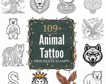 Tier Tattoo Procreate Briefmarken | 109+ Illustrationen Pinsel & PNGs | Sofort Download
