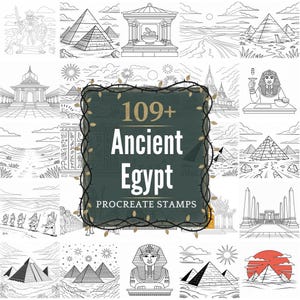 Könnte beinhalten: Eine Sammlung von 109+ Ancient Egypt Procreate Stamps. Das Bild zeigt verschiedene Schwarz-Weiß-Strichzeichnungen von Pyramiden, Pharaonen, Tempeln und anderen ägyptischen Illustrationen. Das zentrale Designelement ist ein dunkelgrünes Quadrat mit dem Text "109+ Ancient Egypt Procreate Stamps."