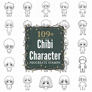 May include: Black and white illustrations of chibi characters in various poses. A central dark green rectangle displays the text "109+ Chibi Character Procreate Stamps" in white and gold lettering, surrounded by a decorative border.