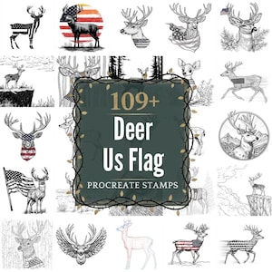 Peut inclure: Plusieurs illustrations de cerfs, dont certaines avec des motifs du drapeau américain. Les images sont en noir et blanc, avec le drapeau américain sur le corps du cerf ou en arrière-plan. Le texte "109+ Deer Us Flag Procreate Stamps" est également présent.