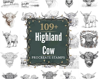 Highland Cow Procreate Stamps | PNGs | 109+ Detailed Illustrations (Digital Download)