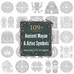 Puede incluir: Ilustraciones en blanco y negro de símbolos mayas y aztecas antiguos. La imagen incluye varios diseños circulares, figuras y elementos arquitectónicos. El texto en la imagen dice "109+ Ancient Mayan & Aztec Symbols Procreate Stamps."