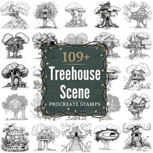 Treehouse Scene Procreate Stamps | PNGs | 109+ Detailed Illustrations (Digital Download)