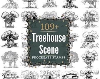 Treehouse Scene Procreate Stamps | PNGs | 109+ Detailed Illustrations (Digital Download)
