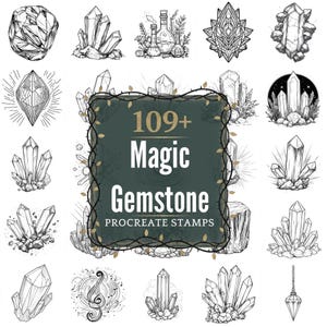 Peut inclure: Illustrations en noir et blanc de pierres précieuses et de cristaux. L'image comprend un graphique central avec le texte "109+ Magic Gemstone Procreate Stamps". Divers motifs de cristaux sont disposés autour du graphique central, présentant différentes formes et styles.