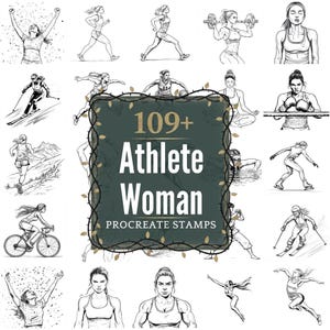 May include: Black and white illustrations of various athletic women in different sports and activities. The image includes text that reads "109+ Athlete Woman Procreate Stamps."