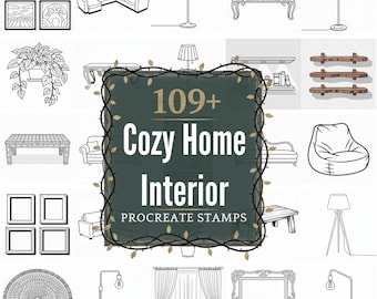 Cozy Home Interior Procreate Stamps | 109+ Illustration Brushes & PNGs | Digital Download