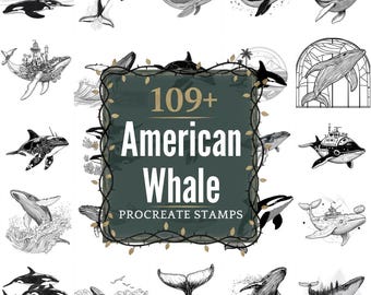 American Whale Procreate Stamps | PNGs | 109+ Detailed Illustrations (Digital Download)