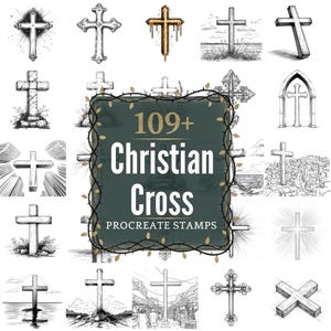 Puede incluir: Una colección de 109+ sellos Procreate de cruces cristianas. La imagen presenta ilustraciones detalladas de cruces, incluyendo diseños ornamentados, entornos arquitectónicos y elementos naturales. El texto "Christian Cross" es visible.