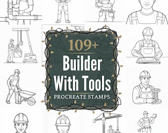 Erbauer mit Werkzeugen Procreate Briefmarken | 109+ Illustrationen Pinsel & PNGs | Sofort Download