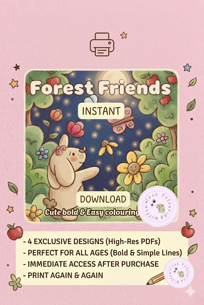 Bold Forest Friends Colouring Book, Woodland Animals, Kawaii Printable ...