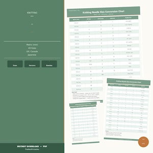 Puede incluir: Una tabla de conversión de tallas de agujas de tejer digital en formato PDF. La tabla incluye tallas métricas, estadounidenses, británicas/canadienses y japonesas. La tabla está sobre un fondo blanco con un borde verde.
