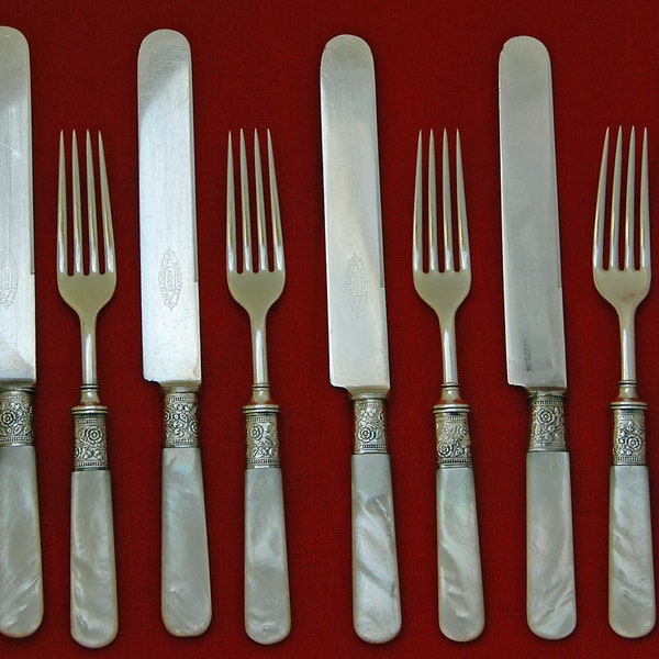 Vintage 6 PEARL HANDLE Dinner KNIVES & 6 Dinner Size Matching Forks, Victorian w/ Pearl Handles n Sterling Ferrules By Landers Frary n Clark