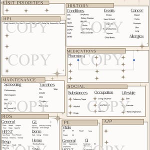 May include: A beige patient visit form with sections for medical history, visit priorities, and physical exam. Includes fields for medications, social habits, and a list of potential allergies. The word "COPY" is stamped across the form.