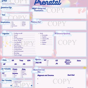 May include: A light pink and purple prenatal chart with the title "Routine Prenatal" in blue script. The chart includes sections for patient information, visit details, subjective and objective assessments, and a plan for the next visit.
