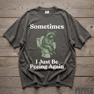 May include: A charcoal gray short-sleeve t-shirt featuring a graphic of a raccoon sitting on a toilet holding a roll of toilet paper. The text above the raccoon reads "Sometimes" and the text below the raccoon reads "I Just Be Peeing Again".