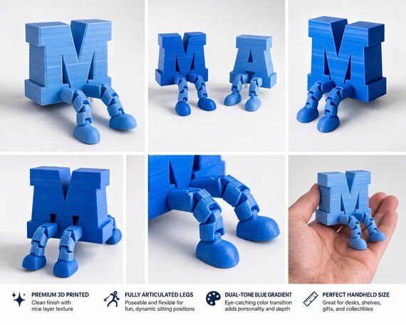 Custom Name Letters with articulated Legs | 3D Printed Alphabet Decor, Shelf Sitting Accent — photo 3 (ref 25EBBD6D)
