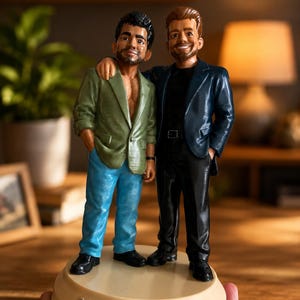 Op de afbeelding: Een op maat gemaakt beeldje met twee figuren die samen op een ronde beige voet staan met de tekst OLD TIMES MEMORIES. Eén figuur draagt een groen jasje en een blauwe spijkerbroek, de andere een donkerblauw jasje en een zwarte broek.