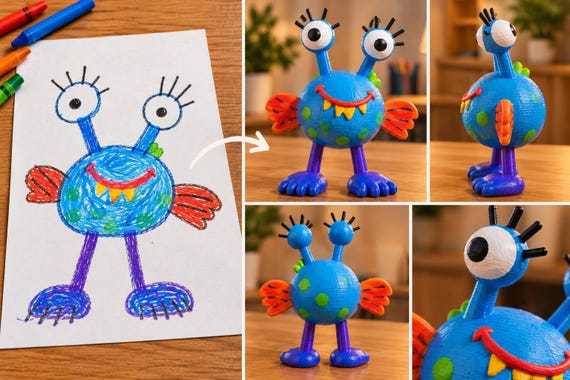 Custom 3D Print from Drawing. Turn Kids’ Artwork into a Real 3D Figurine, Personalized Keepsake Gift – Realistic/Animated, Up to 4 Colors — photo 4 (ref ED187232)