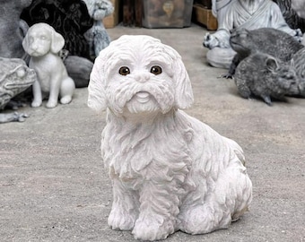 Concrete Shih Tzu Style Dog Statue Sitting Cute White Breed Sculpture Garden Decor Outdoor Yard Ornament Dog Lover Gift