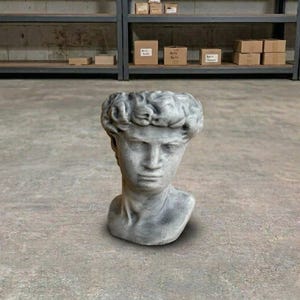 May include: A gray stone-colored bust sculpture depicting a human head with curly hair and defined facial features. The sculpture has a weathered, textured surface finish and is shaped as a hollow container, featuring an open top section.
