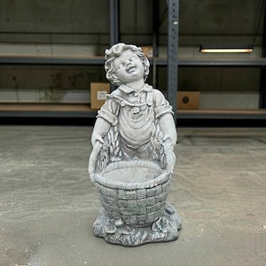 Concrete Boy Statue Planter Stone Child Garden Figurine Basket Flower Pot Indoor Outdoor Decoration Yard Lawn Ornament Housewarming Gift