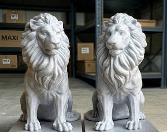 Lion Statue Pair Concrete Entrance Guardian Sculptures Matching Lion Set Column Top Decor Estate Gate Pillar Statues Outdoor Garden Accent