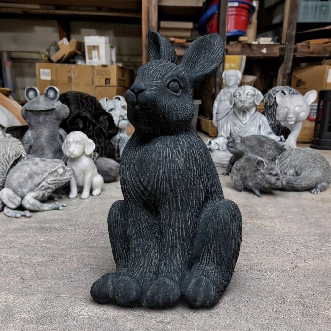 Concrete Black Grey Rabbit Statue Sitting Upright Garden Outdoor Decor ...