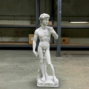 May include: A white statue of a standing male figure with curly hair, depicted in a contrapposto pose with one arm bent and the other resting at the side. The figure is supported by a textured base and a tree stump element behind the right leg.