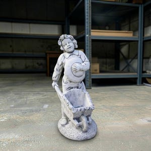 Concrete Boy With Wheelbarrow Planter Garden Statue Child Sculpture Flower Pot Rustic Yard Deco Indoor Outdoor Home Accent Gift For Gardener