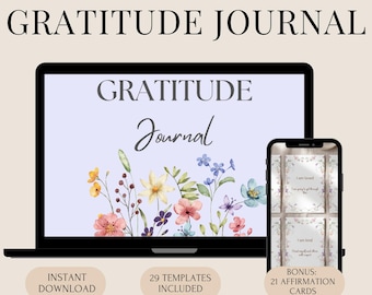 Digital Gratitude Journal Template Canva Daily Prompt Self Improvement Habit Tracking Manifestation Practice Affirmation Cards Mental Health