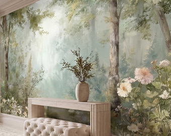 Enchanted Forest Wall Mural, Misty Woodland Wallpaper, Fairy Tale Nature Wall Decor, Vintage Botanical Landscape, Pastel Cottagecore, Uwp124