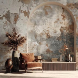 May include: An interior design scene featuring a brown armchair with a square cushion, a tall vase with dried plants, and a decorative wooden cabinet. The background is a textured wall with a neutral color palette of brown, gray, and white.