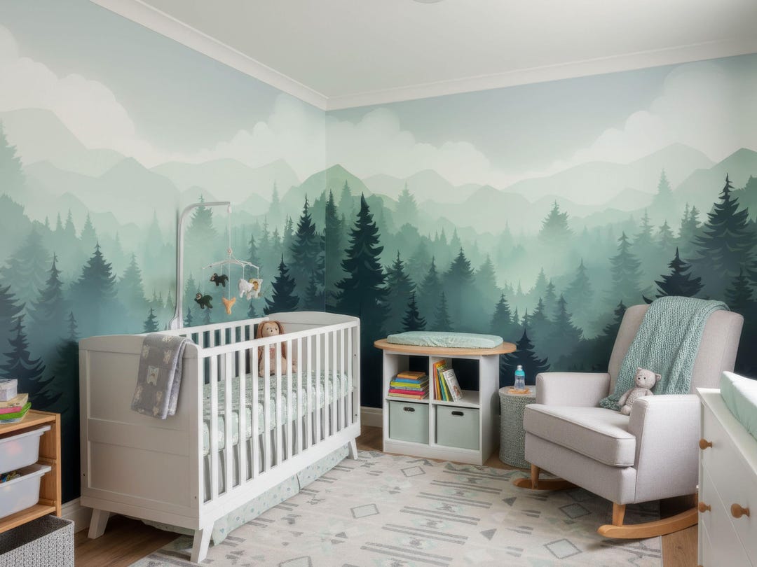 Misty Pine Forest Mural Moody Mountain Wall Mural Removable Kids ...
