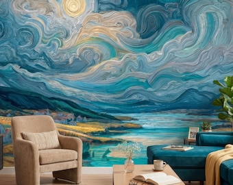 Van Gogh Style Starry Sky Wall Mural: Impressionist Blue Landscape Wallpaper