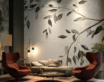 Botanical Branch Wall Mural Watercolor Leaf Removable Peel Stick Wallpaper