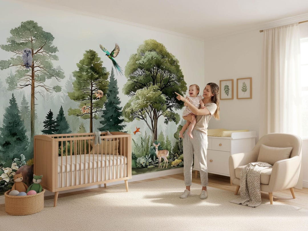 Woodland Forest Wall Mural Watercolor Pine Tree Nursery Wallpaper ...