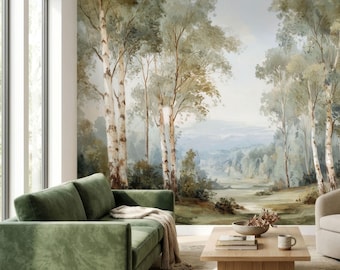 Birch Forest Wall Mural Pastel Landscape Peel and Stick Wallpaper