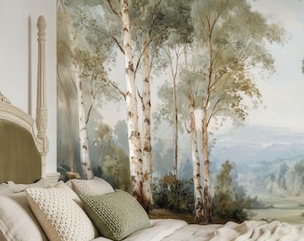 Papel pintado para dormitorio con mural de bosque de abedules en verde suave y decoración serena.